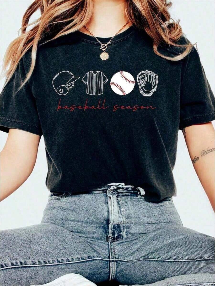 1 Baseball Season T-Shirt, Baseball Game Day Gift, Women's College Baseball T-Shirt, Gift For Mom, Father's Day Gift, Funny Graphic Tees For College Game Day For Men And Women, Casual Loose Crew Neck T-Shirts, Women's Plus Size 180g Graphic Tees, Soccer World Cup Print Short Sleeve T-Shirts For Mother's Day, Summer Fashion Tops. - 黑色 - 查看 1