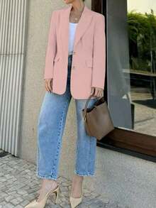 Chaqueta casual de mujer con solapa con muesca y botones, elegante y de moda, adecuada para ir al trabajo y uso casual diario en primavera - Rosa - Ver 5
