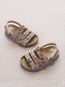 1 Pair Girls' Ditsy Floral Rhinestone Butterfly Ankle Strap Sandals, Soft Sole Non-Slip Toddler Summer Beach Shoes, Versatile For Babies And Little Kids - Brown - View 3
