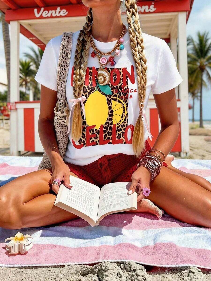 Camiseta de mujer, camiseta de manga corta con diseño gráfico de estilo casual urbano, top de verano lindo, camiseta de algodón puro. - Blanco - Ver 1