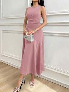 Vestido largo sin mangas de unicolor que ciñe la cintura para mujer - Rosa vieja - Ver 4