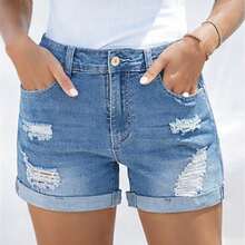 Mid Rise Raw Trim Ripped Denim Shorts | Mid-Stretch Casual Blue Wash Jean Shorts - Light Wash - View 5