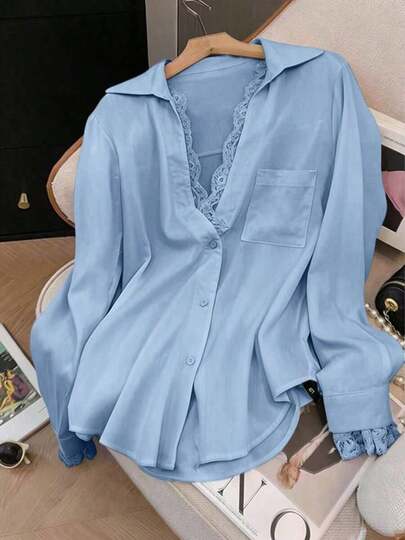 Elegant White Semi-Sheer Blouse, Long Sleeve, Decorated With Delicate Contrast Lace Trim Spring