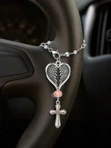 Guardian Heart Wing Cross Charm - Car/Steering Wheel/Handbag Pendant Silver Tone With Pink Crystal Elegant Decor For Auto Interior & Bag Accessory - A - View 1