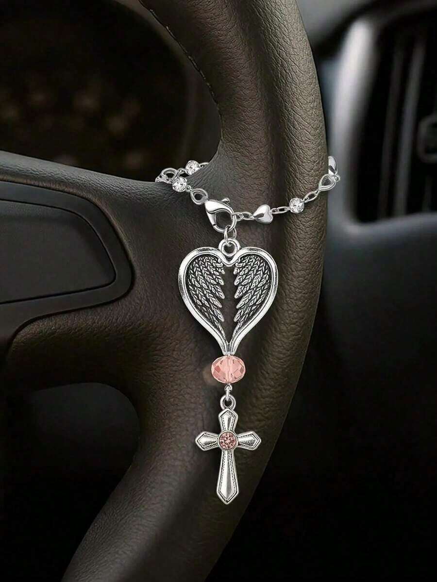 Guardian Heart Wing Cross Charm - Car/Steering Wheel/Handbag Pendant Silver Tone With Pink Crystal Elegant Decor For Auto Interior & Bag Accessory - A - View 1