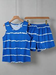 Women's Summer Thin Loungewear Set, Crew Neck Blue Striped Print Pullover, Tank Top & Shorts Two-Piece Set, Casual Comfortable Minimalist Lazy Style Pajamas Set - 彩色 - 查看 1