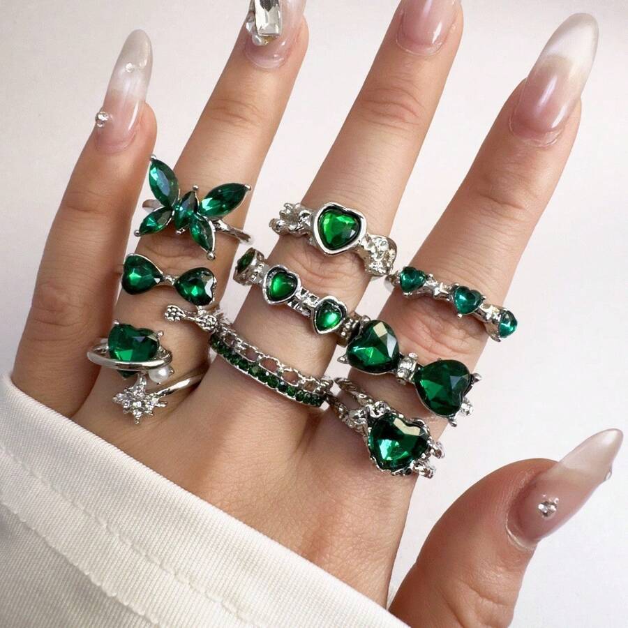 Set de 9 anillos con forma de mariposa y corazón, elegantes y lindos, de múltiples piezas y ajustables, adecuados para fiestas, bodas, uso diario, joyería de moda, mejor regalo - Conjunto de 9 anillos para mujer - Ver 1