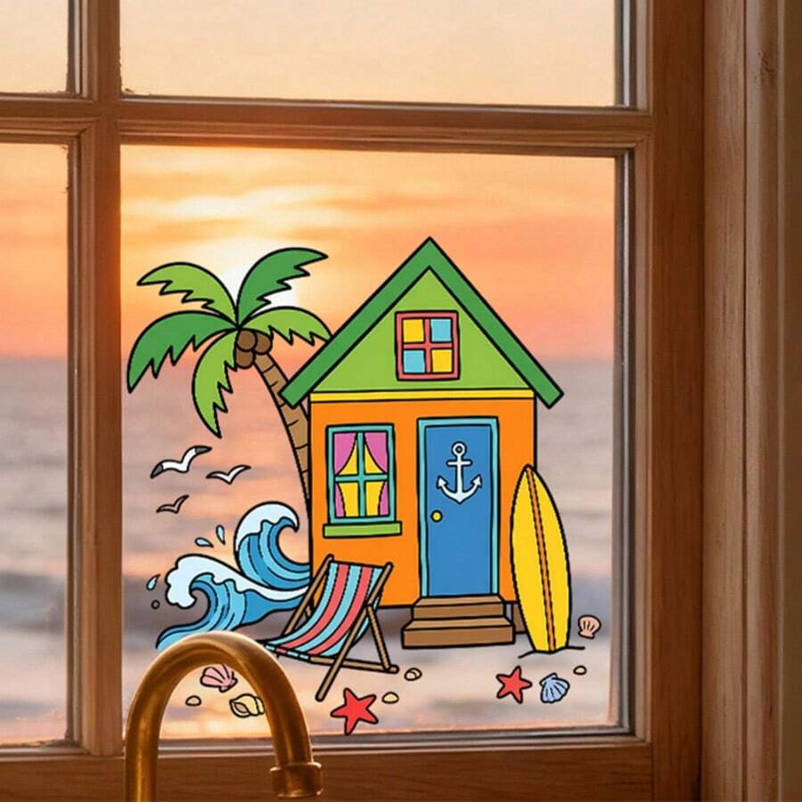 1PC Window Stickers,Beach Cottage Wall Sticker,Suitable As A Gift,Self-Adhesive , Suitable For Bedroom And Living Room, Bedroom, Dining Room, Study, Bathroom, Glass Decoration And Embellishment - A - View 1