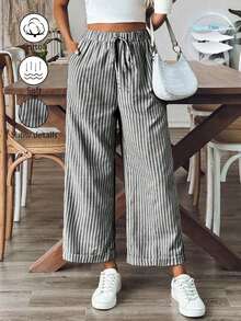 Pantalones sueltos holgados de mujer con estampado de rayas, cintura con cordón y bolsillos, versátiles - Blanco y Negro - Ver 1