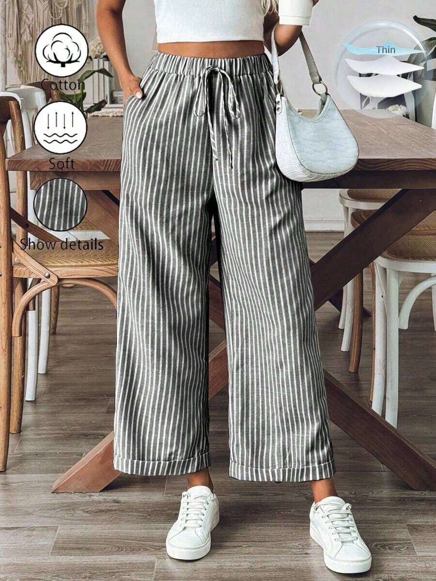 Pantalones sueltos holgados de mujer con estampado de rayas, cintura con cordón y bolsillos, versátiles - Blanco y Negro - Ver 1