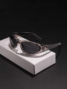 1 PC Men's Casual Wrap Fashion Glasses Black Transparent Gray Polycarbonate Frame With Gray Lenses Lightweight Suitable For Street Sports Wear With Glasses Box - Multicolor - View 9