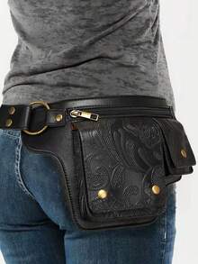Punk Style Retro PU Leather Waist Bag - Outdoor Sports Travel Crossbody Bag - Rust Brown - View 15