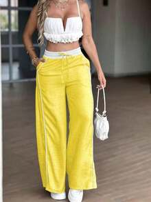 Pantalones de pierna ancha de cintura alta de color gris verdoso claro estilo Y2K, pantalones casuales sueltos con cordón, estilo europeo y americano, pantalones rectos versátiles y estilizadores para primavera/verano - Amarillo - Ver 3