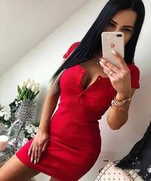 Vestido de verano otoño mujer Sexy Casual tejido vaina Mini vestidos señoras sólido cuello en V botón en el pecho vestido ajustado de manga corta - Negro - Ver 2