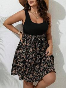 Vestido de verano de talla grande, vestidos de punto con estampado Floral para mujer, sin mangas, hasta la rodilla, talla grande, Control de barriga, vestido elegante informal - Albaricoque - Ver 3