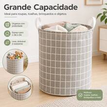 Cesto de Roupa Suja Dobrável Xadrez com Alças Organizador Multiuso para Lavanderia Quarto Banheiro - Preto e Branco - Visão 2