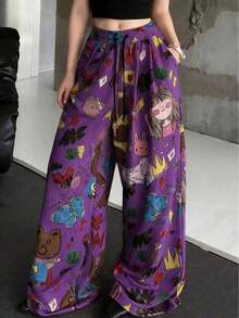 anchos de mujer con estampado de dibujos animados, pantalones casuales sueltos de primavera - Morado - Ver 5
