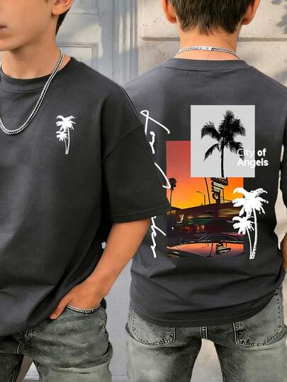 Boys' Casual Short Sleeve T-Shirt, Personalized Summer Sunset Graphic Print, Comfortable Soft Fabric, Spring/Summer