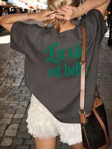 T-shirt blanc à manches courtes et col rond pour femmes avec imprimé de lettres françaises vertes, style de rue décontracté d'été, coupe ample et confortable pour un port quotidien - Gris foncé - Voir 4