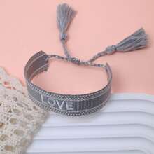 1pc Embroidered Love Letter Boho Handmade Tassel Braided Bracelet - Grey - View 6