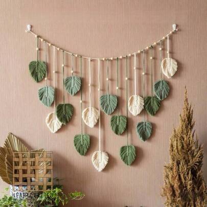 1pc Bohemian Handmade Woven Leaf Tapestry, Room Decor Hanging Wall Art With Tassels, Photo Display For Bedroom