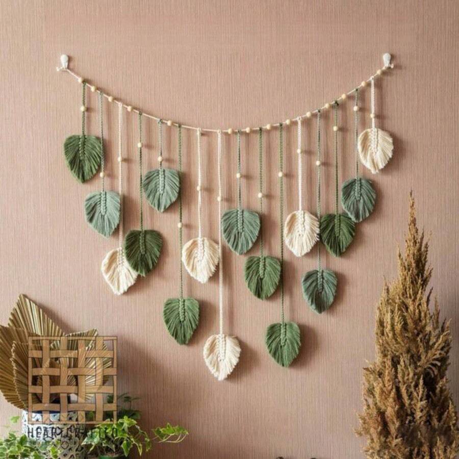 1pc Bohemian Handmade Woven Leaf Tapestry, Room Decor Hanging Wall Art With Tassels, Photo Display For Bedroom