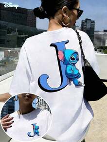Disney Letter J Cool Stitch T-Shirt: White Oversized Cotton Tee With Streetwear Style Graphic, Perfect For Lilo & Stitch Fans, Casual Wear And Gift --Disneys Disneyland Paris The Magic Kingdom Disneyesque The House Of Mouse Mickey Mouse Empire Modest Summer Outfits Take That T Shirt Summer Coord Tops For Women Summer Summer Clothes Women Summer Clothes Summer Tops Summer Tops Women Summer Co Ord Summer Top Summer Outfits White Top Black Top Holiday Outfits For Women  Tops For Women Summer Holiday Gifts Valentine's Day Gifts Earth Day Gifts Oktoberfest Gifts Summer Bank Holiday Gifts - 白色 - 查看 1