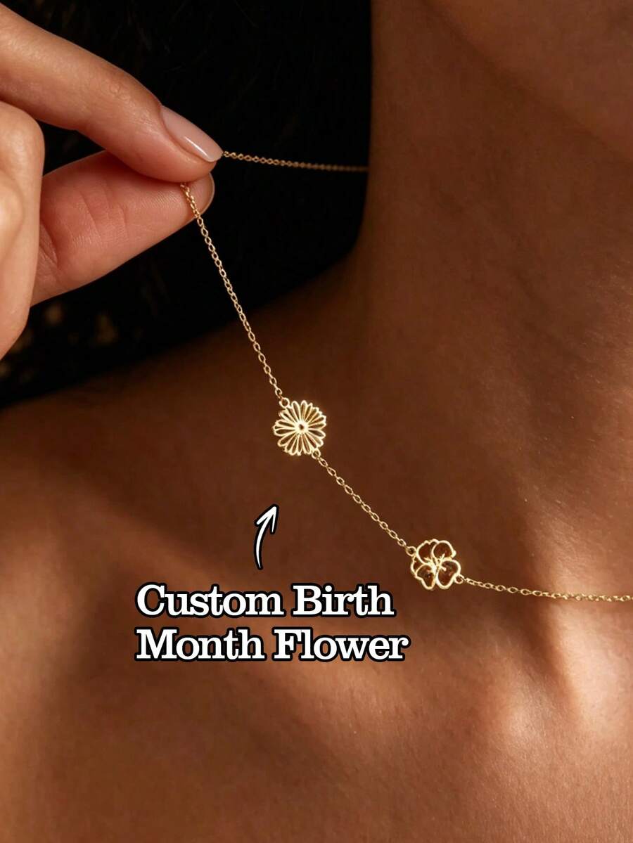 1pc Customized Birth Flower Stainless Steel Necklace, 18K Gold Plated Birth Flower Necklace, Mother's Day Gift, Christmas Gift - Gold - View 1