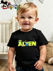 Disney Licensed Street Style Toy Story Alien Art Print Kids' T-Shirt, Bold Cute Cartoon Graphic Tee With "Alien" Text, Perfect For Everyday Wear, Casual Meetups, Themed Outings And Urban Street Style, Shipped From Local Warehouse - màu đen - Xem 3