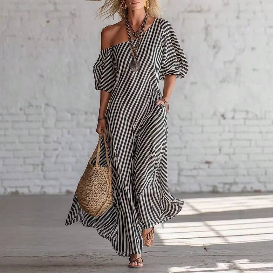 Women's Elegant Striped Off-Shoulder Maxi Dress - Fashionable For Spring - 黑色 - 查看 1
