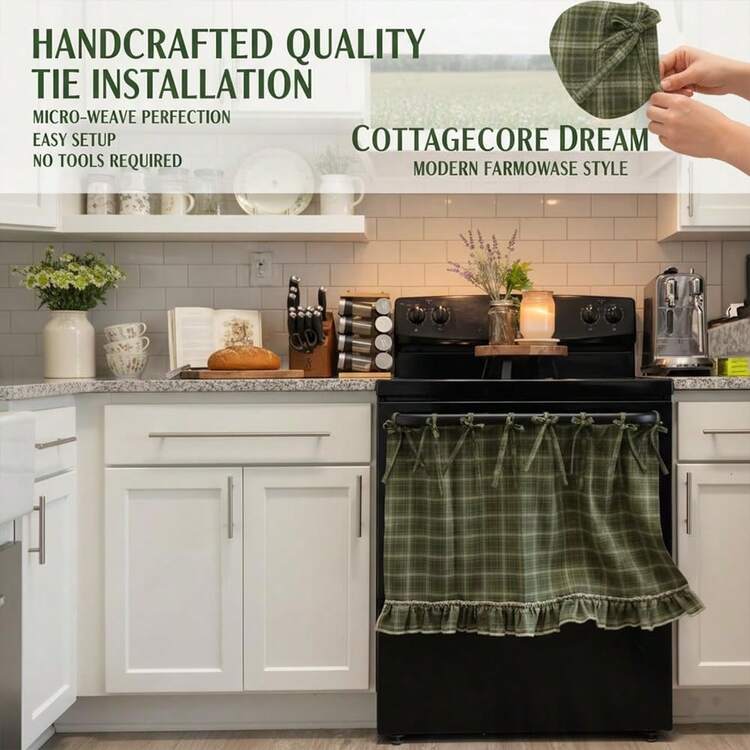 Handmade Oven Skirts, Oven Skirt Curtain For Door, Oven Curtain Tie Top, Farmhouse Kitchen Décor, Heat-Resistant, Effortless Install, Hide Clutter, For Oven,Dishwashers, Washing Machine (Meadow) - 中心地帶 - 查看 9