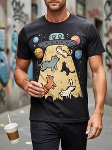 Retro T-Shirt With Abducted UFO Cat Print| Vibrant Colors, Playful Cats, And Whimsical Alien Eye Designs; Short Sleeves, Crew Neck, Lightweight And Breathable, Perfect For Casual Outings And Sci-Fi Enthusiasts.| Fun Print T-Shirt - 黑色 - 查看 6