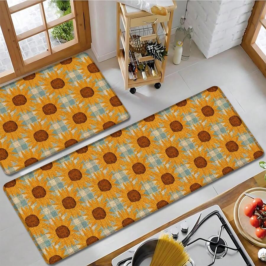 1 pieza Alfombra de lino con estampado de girasol y cuadros, alfombra de baño, felpudo, alfombra rectangular impresa en 3D para sala de estar, dormitorio, pasillo, baño, lavandería - Alfombra de poliéster, apta para decoración interior y exterior del hogar - Multicolor - Ver 1