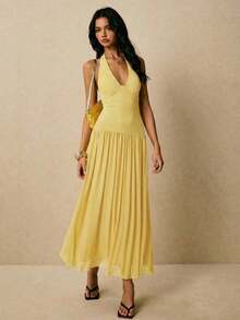 Women's Classic Polka Dot Printed Sleeveless Long Dress Casual Slim Fit Maxi Dress Elegant Summer Outfit For Vacation Beach Wedding Guest Party Daily Casual Wear - 黃色 - 查看 5