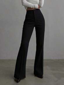 Pantalones rectos de talle alto de color negro sólido, elegantes y casuales, adecuados para uso diario, oficina, traslados, hogar, citas, pequeñas fiestas, eventos sociales ligeros en primavera - Negro - Ver 1