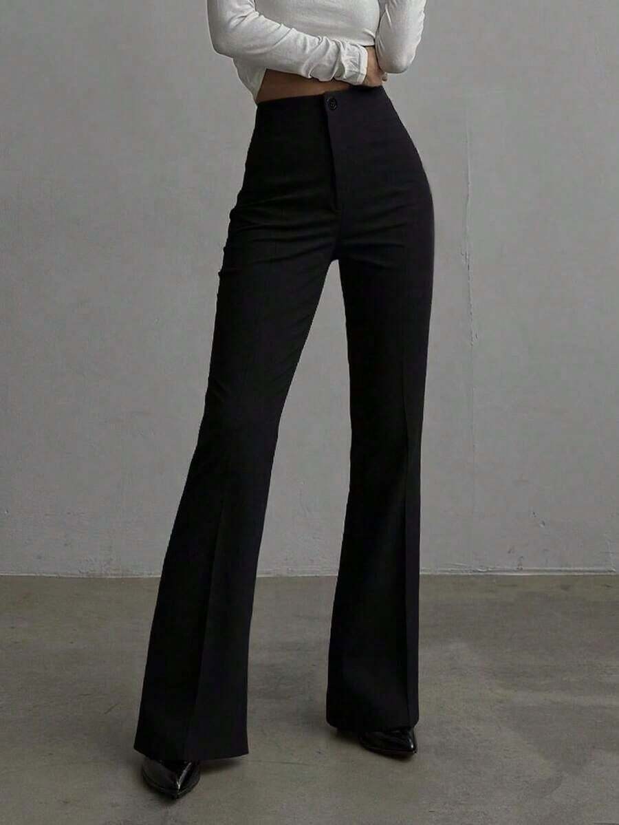 Pantalones rectos de talle alto de color negro sólido, elegantes y casuales, adecuados para uso diario, oficina, traslados, hogar, citas, pequeñas fiestas, eventos sociales ligeros en primavera - Negro - Ver 1