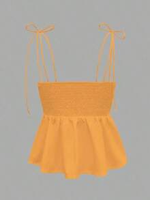 1 pieza Blusa casual sin mangas con volantes en el bajo, Elegante top tubo minimalista francés de color blanco puro, Camiseta sin mangas ajustada para vacaciones y viajes, Ligera camiseta con lazo delantero, Ropa exterior sexy tipo babydoll que acentúa las curvas, Primavera/Verano/Otoño - Amarillo mostaza 22 - Ver 5