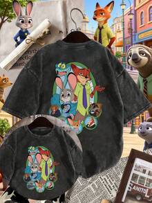 Disney Zootopia Nick Judy With Other Character Combinations Before And After Image Decoration Printing Disney Authorized Cartoon Printing Design Sense  Oversized Fashion Old T-Shirts, Street Style Retro Fashion Lovers In Spring And Summer Of 2026 Popular Old T-Shirts Unisex, Excellent Gifts. - màu đen - Xem 1