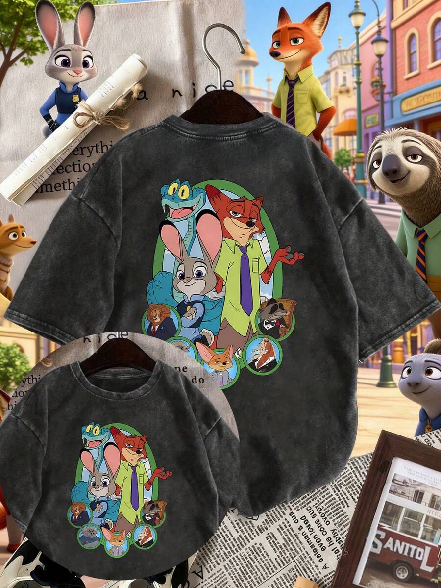 Disney Zootopia Nick Judy With Other Character Combinations Before And After Image Decoration Printing Disney Authorized Cartoon Printing Design Sense Oversized Fashion Old T-Shirts, Street Style Retro Fashion Lovers In Spring And Summer Of 2026 Popular Old T-Shirts Unisex, Excellent Gifts. - màu đen - Xem 1