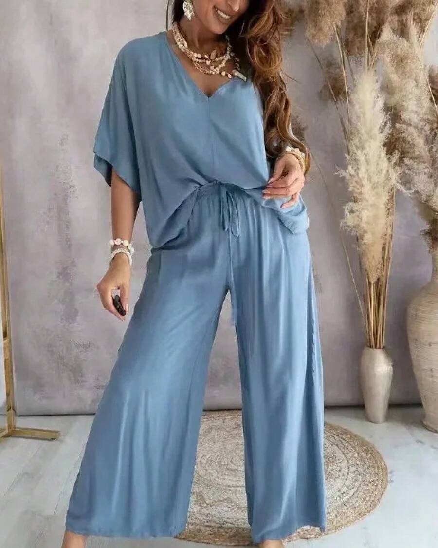 Conjunto de dos piezas para mujer, pantalón largo con cuello en V y manga de murciélago, pantalones holgados informales de pierna ancha, trajes de Color sólido, verano 2024 - Azul - Ver 1