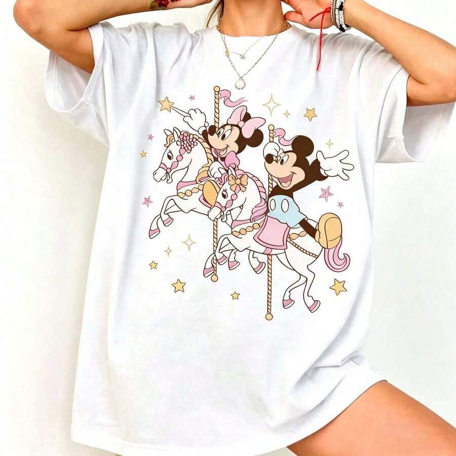 Loose Oversize  Cute Mickey Minnie Carousel Shirt, Watercolor Unicorn Disney Shirt, Disney Magical Carousel Tee, Minnie Mouse Disney Tee, Gift For Girls. -- Disneys Disneyland Paris The Magic Kingdom Disneyesque The House Of Mouse Mickey Mouse Empire Modest Summer Outfits Take That T Shirt Summer Coord Tops For Women Summer Summer Clothes Women Summer Clothes Summer Tops Summer Tops Women Summer Co Ord Summer Top Summer Outfits White Top Black Top Holiday Outfits For Women  Tops For Women Summer Holiday Gifts Valentine's Day Gifts Earth Day Gifts Oktoberfest Gifts Summer Bank Holiday Gifts - trắng - Xem 1