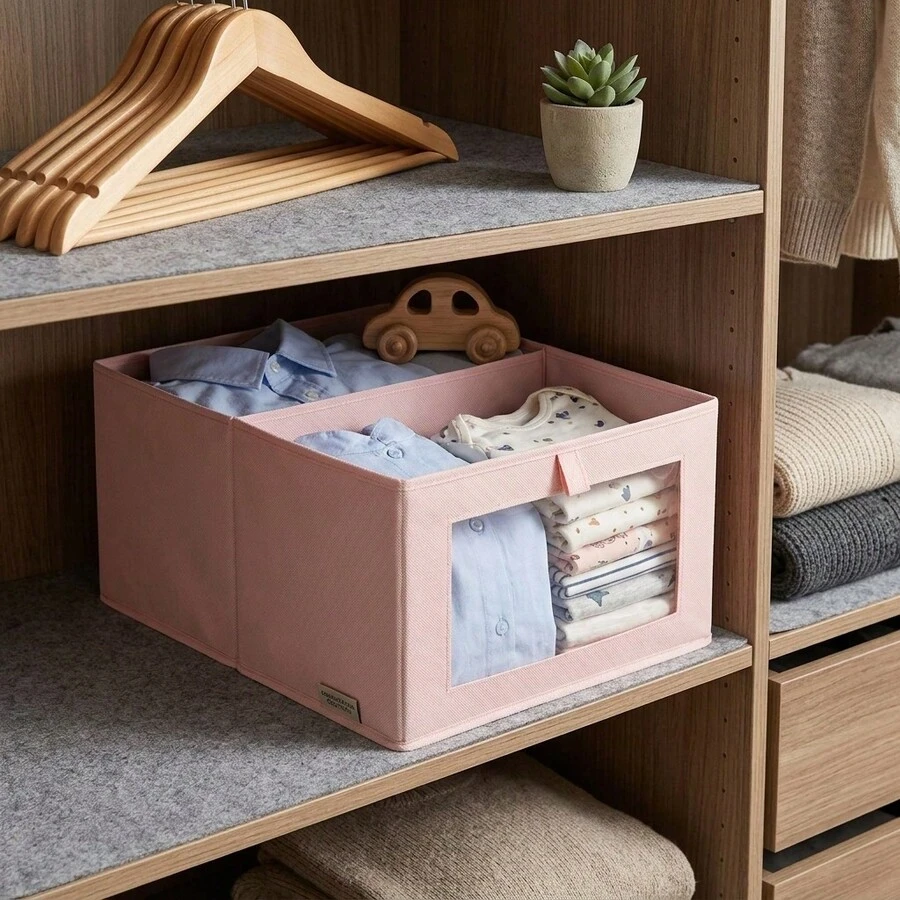 Caja de Almacenamiento Plegable de Tela Rosa, Organizador de Armario con Ventana y Asas, 45x34x25cm - Ver 1