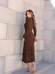 Elegant Women's Midi Knit Dress With Long Sleeves And Lace, Mermaid Style, Ideal For Winter Parties, Shapes The Body. - Màu nâu cà phê - Xem 1