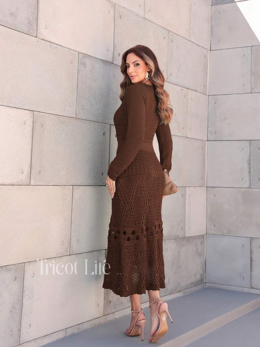 Elegant Women's Midi Knit Dress With Long Sleeves And Lace, Mermaid Style, Ideal For Winter Parties, Shapes The Body. - Màu nâu cà phê - Xem 1