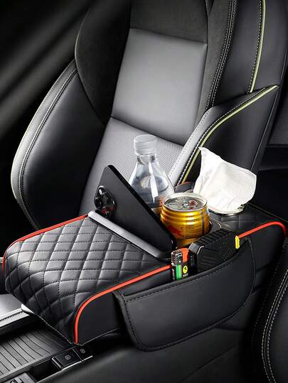 Car Armrest Box Booster Pad With Cup Holder & Tissue Dispenser, Nappa-Like PU Leather Center Console Organizer With Dual Side Pockets, Universal Fit For Most Vehicles, 75mm Height Increase For Driving Comfort,Car Interior Organizer
