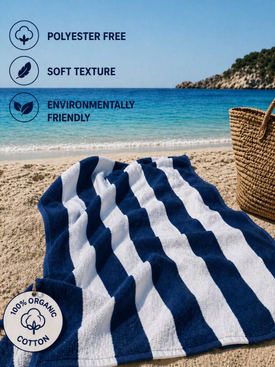 100% Cotton Striped Beach Towel - Sand-Free & Ultra Absorbent & Made In Türkiye - Navy Blue - View 1