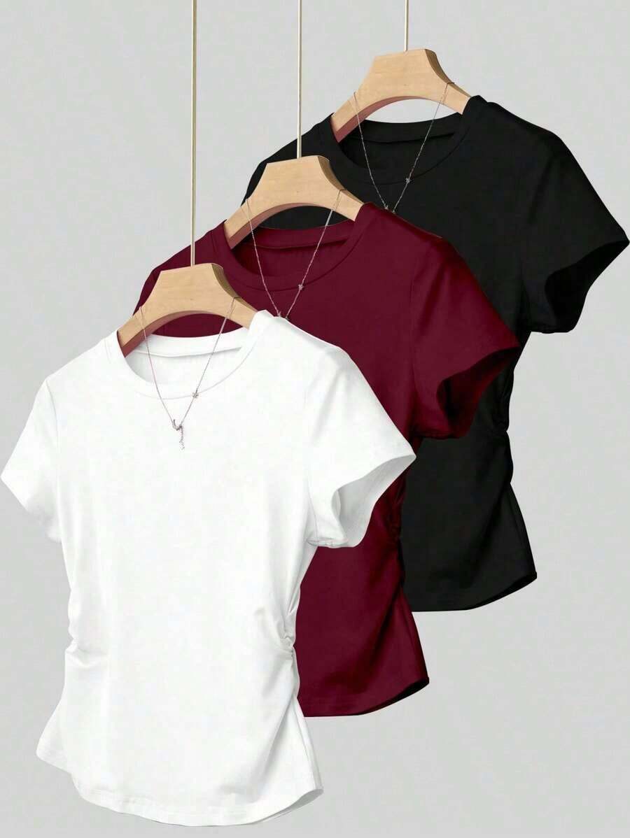 Set de 3 piezas de tops para mujer para exteriores, en color champán, marrón moca y negro, nuevas llegadas de verano, camiseta ajustada con pliegues, de moda y versátil, con estilo callejero fotogénico, imprescindible, de vuelta al colegio, que lla - Multicolor 18 - Ver 1