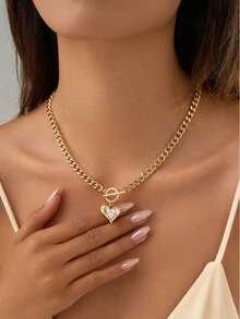 Quà tặng lãng mạn ngày Valentine - Dây chuyền khóa cài kiểu Pháp với mặt dây chuyền hình trái tim bằng đồng và mặt dây chuyền đá Cubic Zirconia lấp lánh. - Vàng - Xem 1