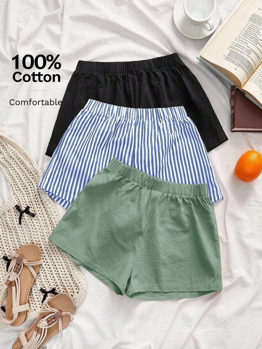Set de 3 pantalones cortos de lino de colores múltiples tejidos de moda para mujer en verano, para festival de verano para mujeres - Multicolor - Ver 1