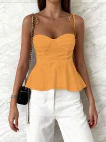 1 pieza Blusa casual sin mangas con volantes en el bajo, Elegante top tubo minimalista francés de color blanco puro, Camiseta sin mangas ajustada para vacaciones y viajes, Ligera camiseta con lazo delantero, Ropa exterior sexy tipo babydoll que acentúa las curvas, Primavera/Verano/Otoño - Amarillo mostaza 22 - Ver 3
